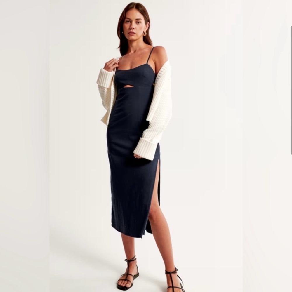 Abercrombie stretch cutout navy midi dress L